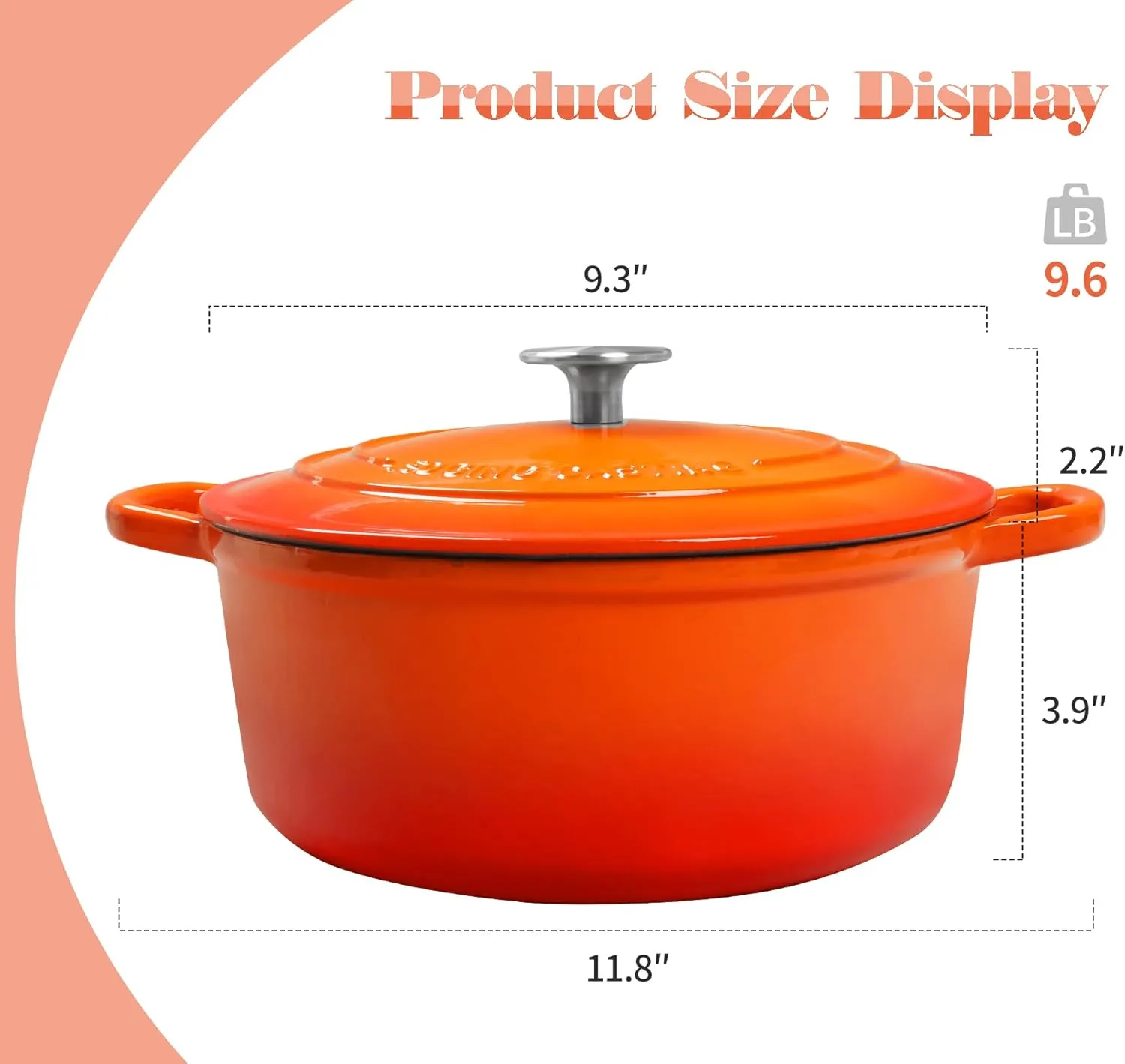 Enameled Cast Iron Covered Dutch Oven with Dual Handle, 2.8 Quart, Orange