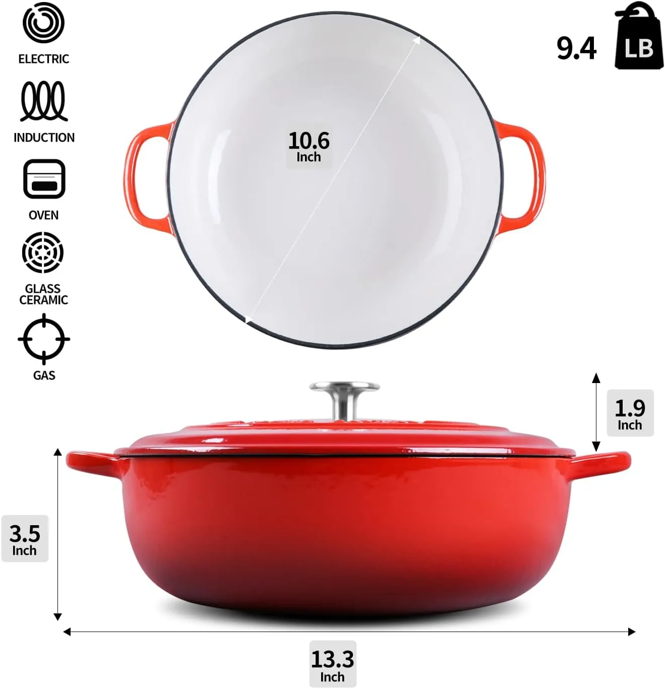 Enameled Cast Iron Dutch Oven Shallow Casserole Braiser with Dual Handle, 3.8 QT, Red