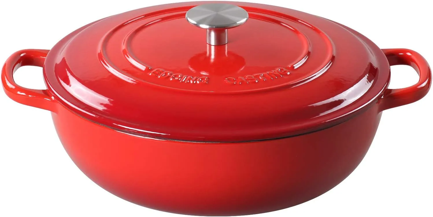 Enameled Cast Iron Dutch Oven Shallow Casserole Braiser with Dual Handle, 3.8 QT, Red