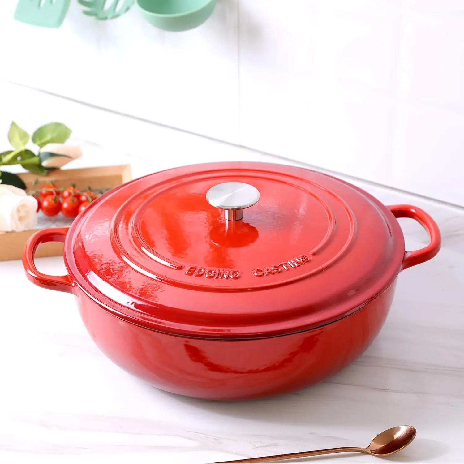 Enameled Cast Iron Dutch Oven Shallow Casserole Braiser with Dual Handle, 3.8 QT, Red