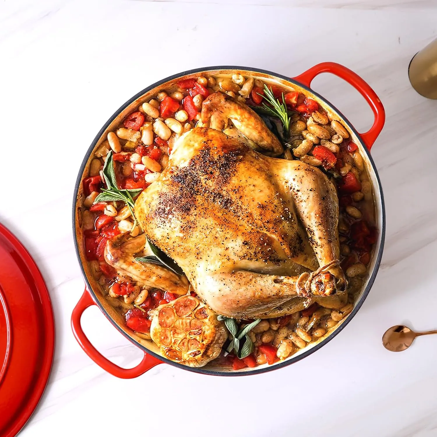 Enameled Cast Iron Dutch Oven Shallow Casserole Braiser with Dual Handle, 3.8 QT, Red