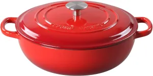 Enameled Cast Iron Dutch Oven Shallow Casserole Braiser with Dual Handle, 3.8 QT, Red