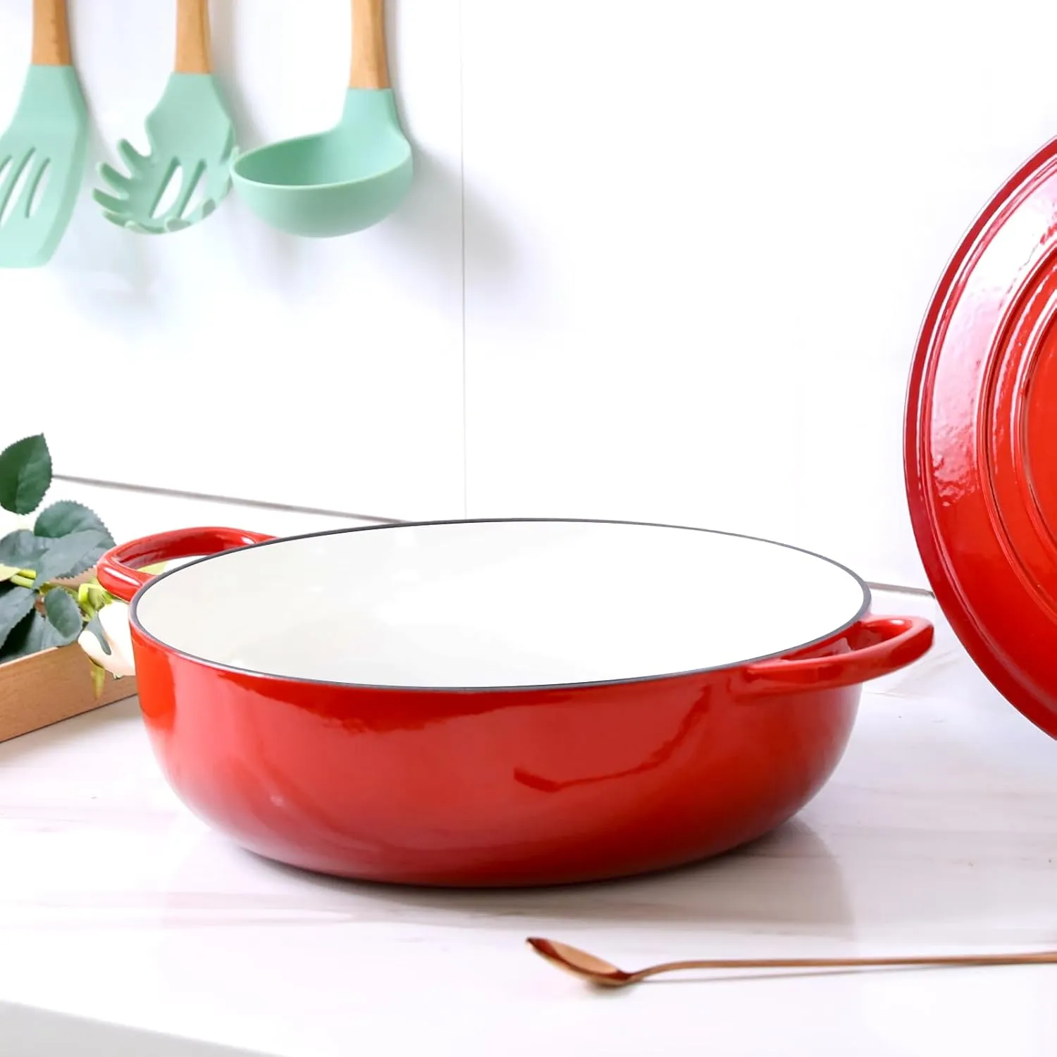 Enameled Cast Iron Dutch Oven Shallow Casserole Braiser with Dual Handle, 3.8 QT, Red