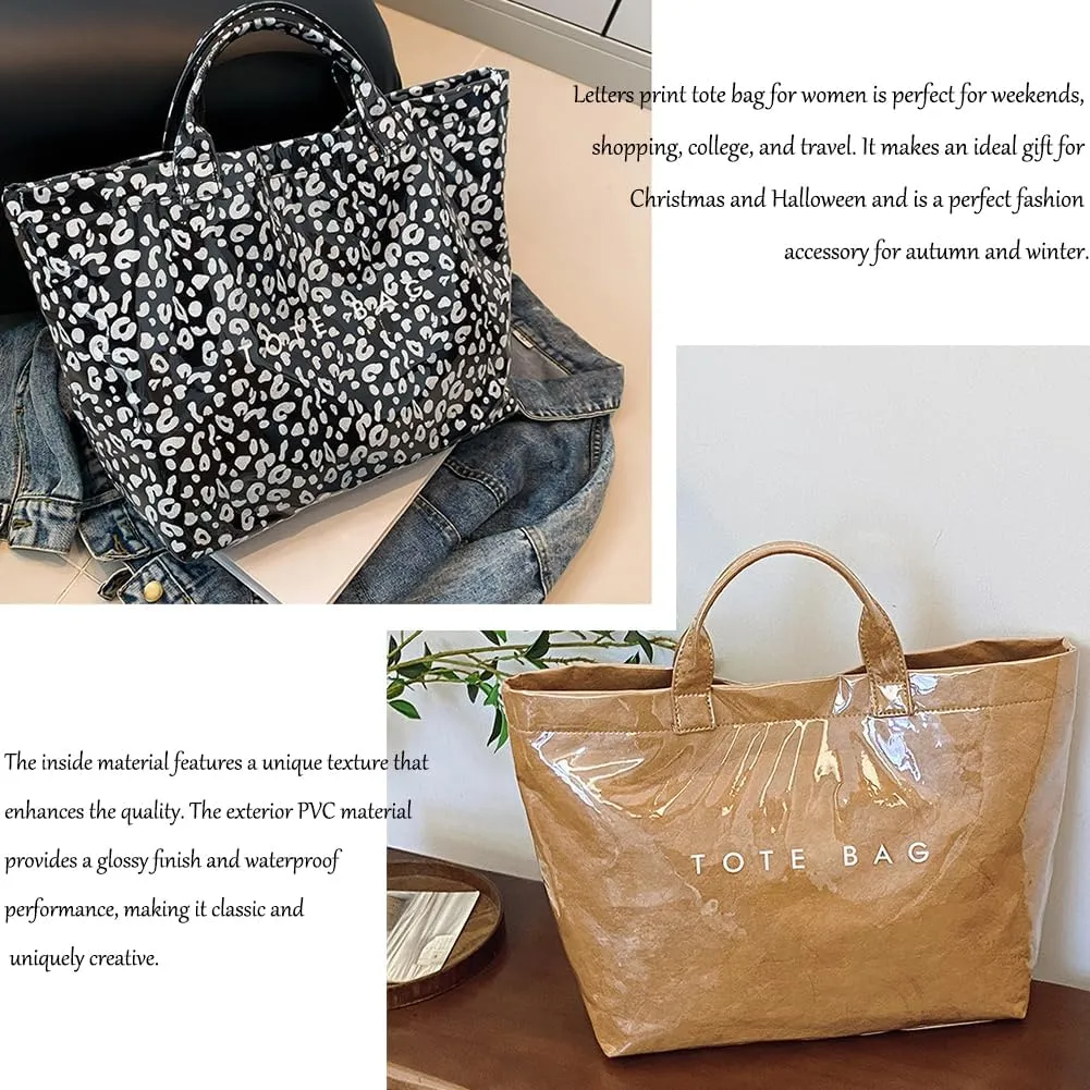 Enclosurea Women's Letters Print Tote Bag, Fashion Shopping Paper Bag Top Handle, Large Pvc Waterproof Canvas Bag Hobo
