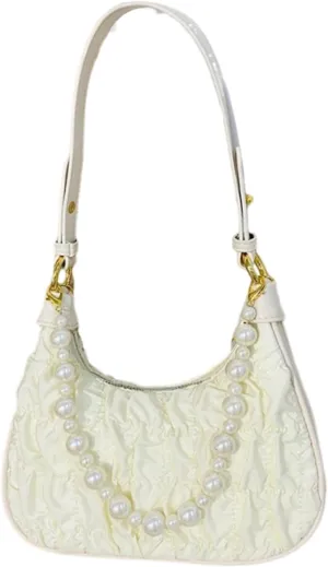 ENOPINK Shoulder Bags for Women, Small Cute Canvas Ruched Clutch Purses Hobo Bags with String of Pearls