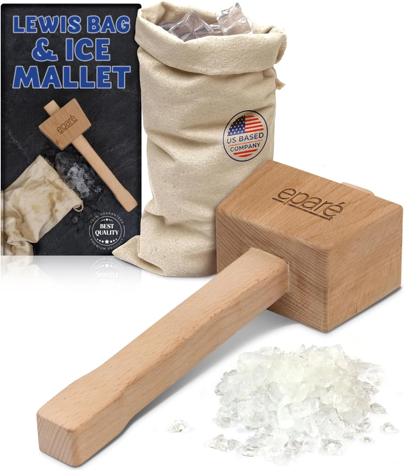 Eparé Lewis Bag & Ice Mallet - Manual Ice Crusher Wooden Hammer - Canvas Crushing Bag - Crushed Ice Bar Cocktails - Bartender & Kitchen Tools Kit
