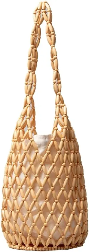 Epsion Women Retro Wooden Handbag Woven Bead Bucket Top handle Tote Bag Hollow Out Beach Casual Purse 2025