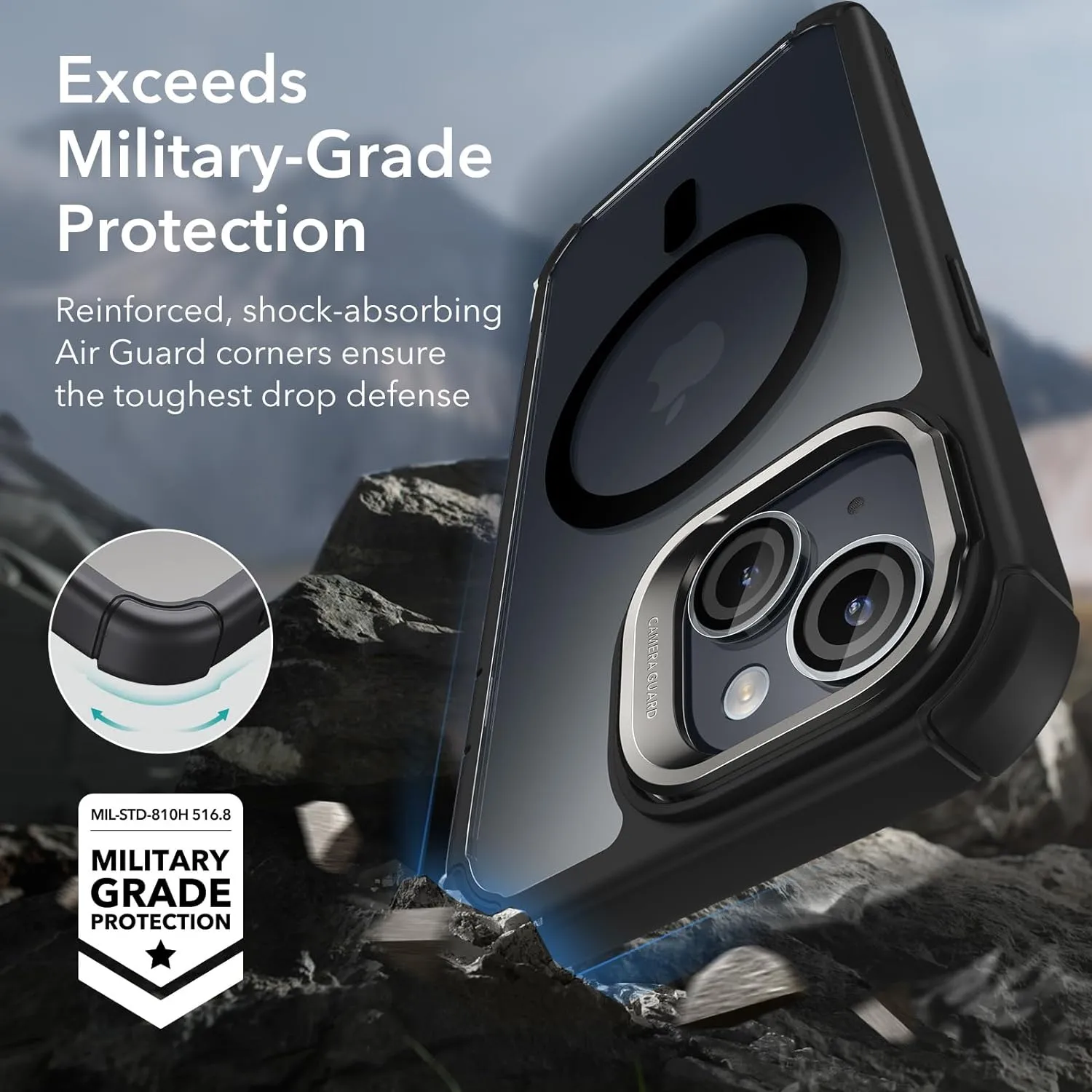ESR for iPhone 15 Case with Stand, Compatible with MagSafe, Full-Body Military-Grade Drop Proof Case with Built-in 9H  Tempered Glass Screen Protector, Armor Series, Clear Black