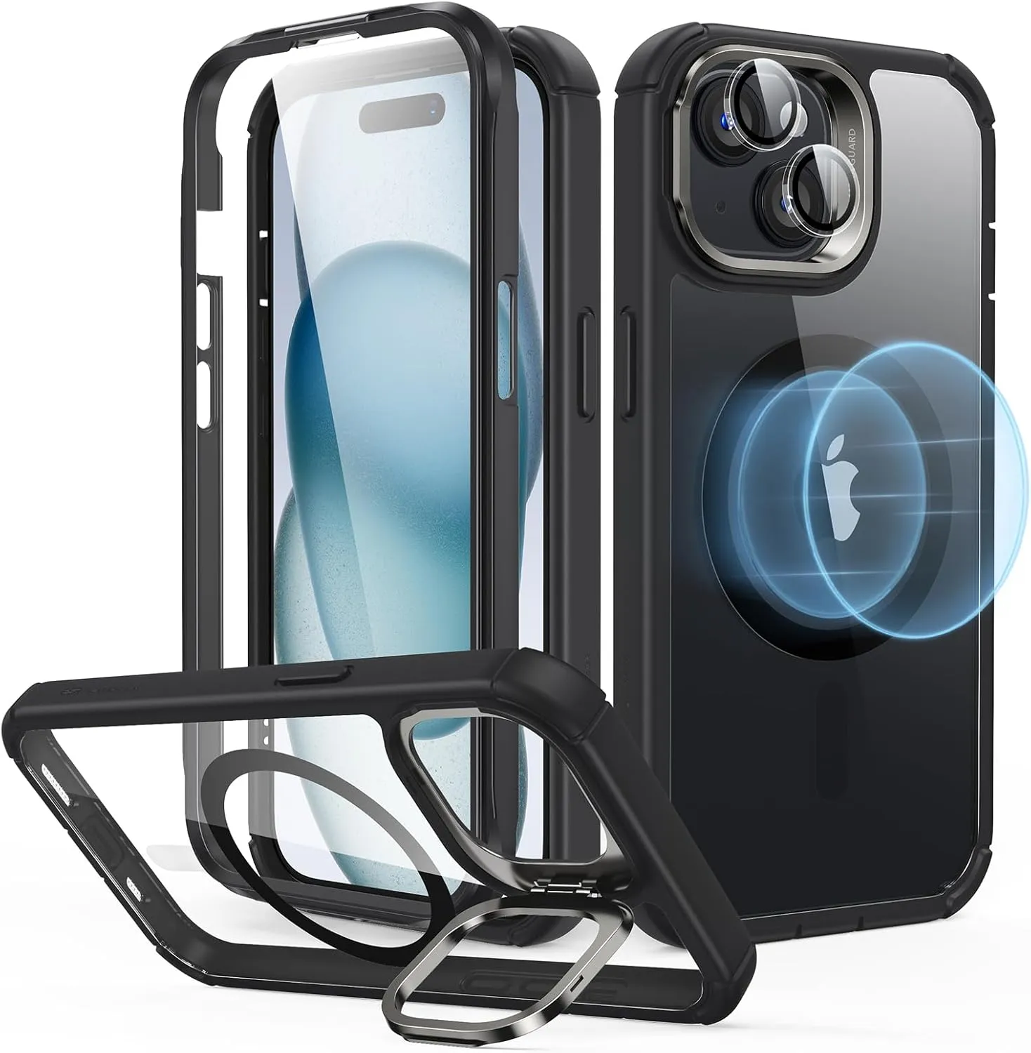 ESR for iPhone 15 Case with Stand, Compatible with MagSafe, Full-Body Military-Grade Drop Proof Case with Built-in 9H  Tempered Glass Screen Protector, Armor Series, Clear Black