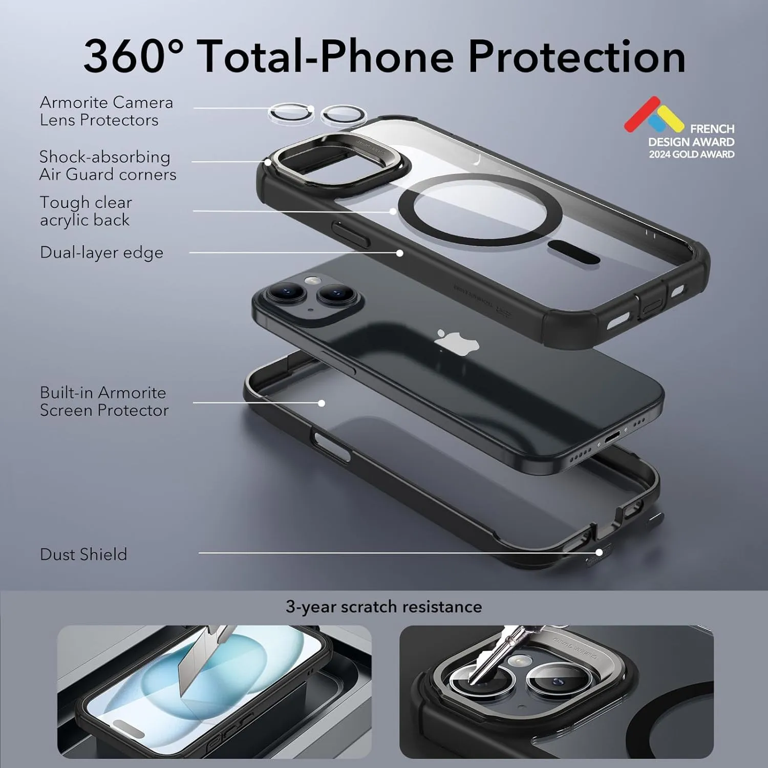 ESR for iPhone 15 Case with Stand, Compatible with MagSafe, Full-Body Military-Grade Drop Proof Case with Built-in 9H  Tempered Glass Screen Protector, Armor Series, Clear Black