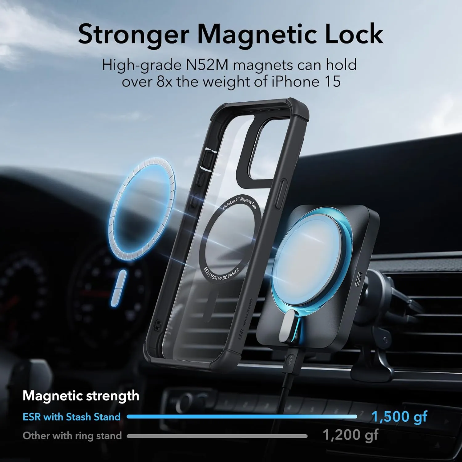 ESR for iPhone 15 Case with Stand, Compatible with MagSafe, Full-Body Military-Grade Drop Proof Case with Built-in 9H  Tempered Glass Screen Protector, Armor Series, Clear Black