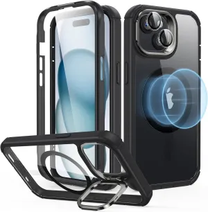 ESR for iPhone 15 Case with Stand, Compatible with MagSafe, Full-Body Military-Grade Drop Proof Case with Built-in 9H  Tempered Glass Screen Protector, Armor Series, Clear Black