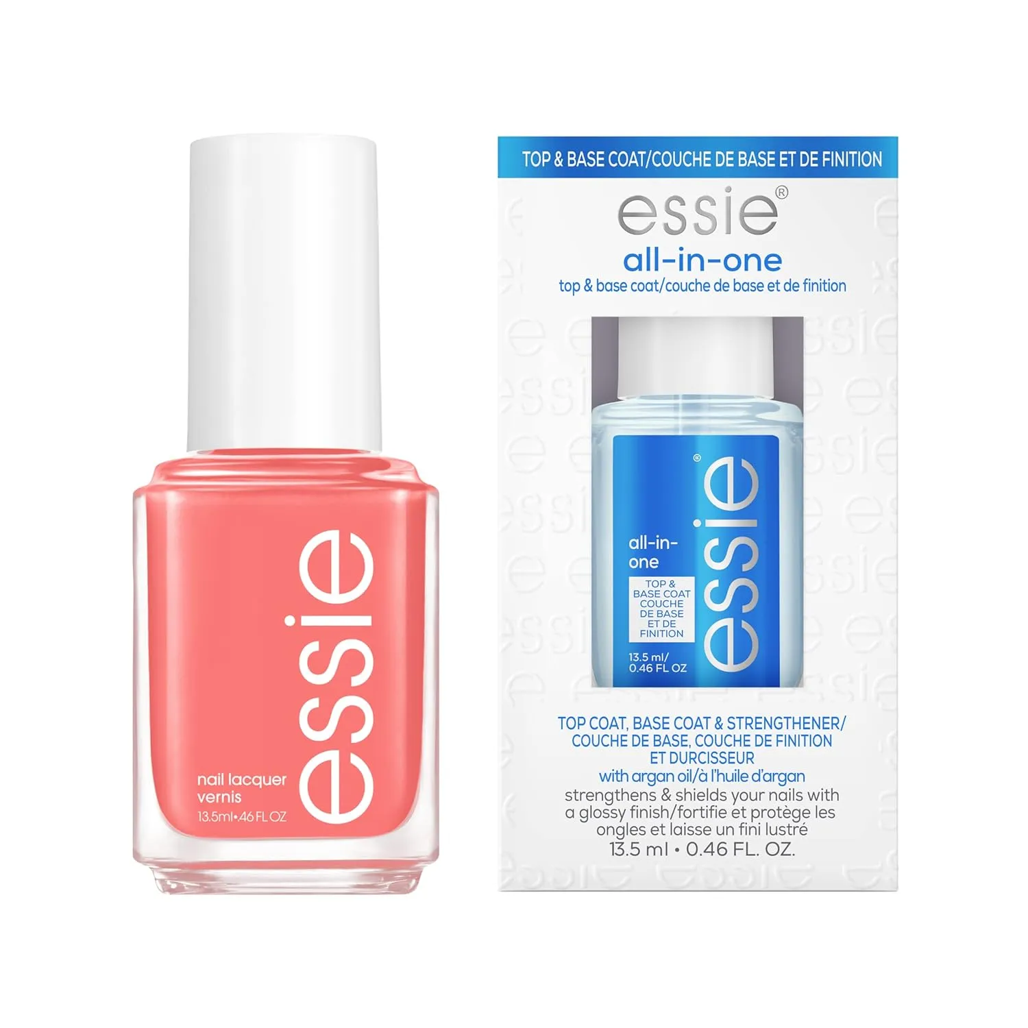 essie Salon-Quality Nail Polish Bundle, Vegan, Peachy Coral, Peach Side Babe   All In One Base Coat and Top Coat, 0.46 fl oz each