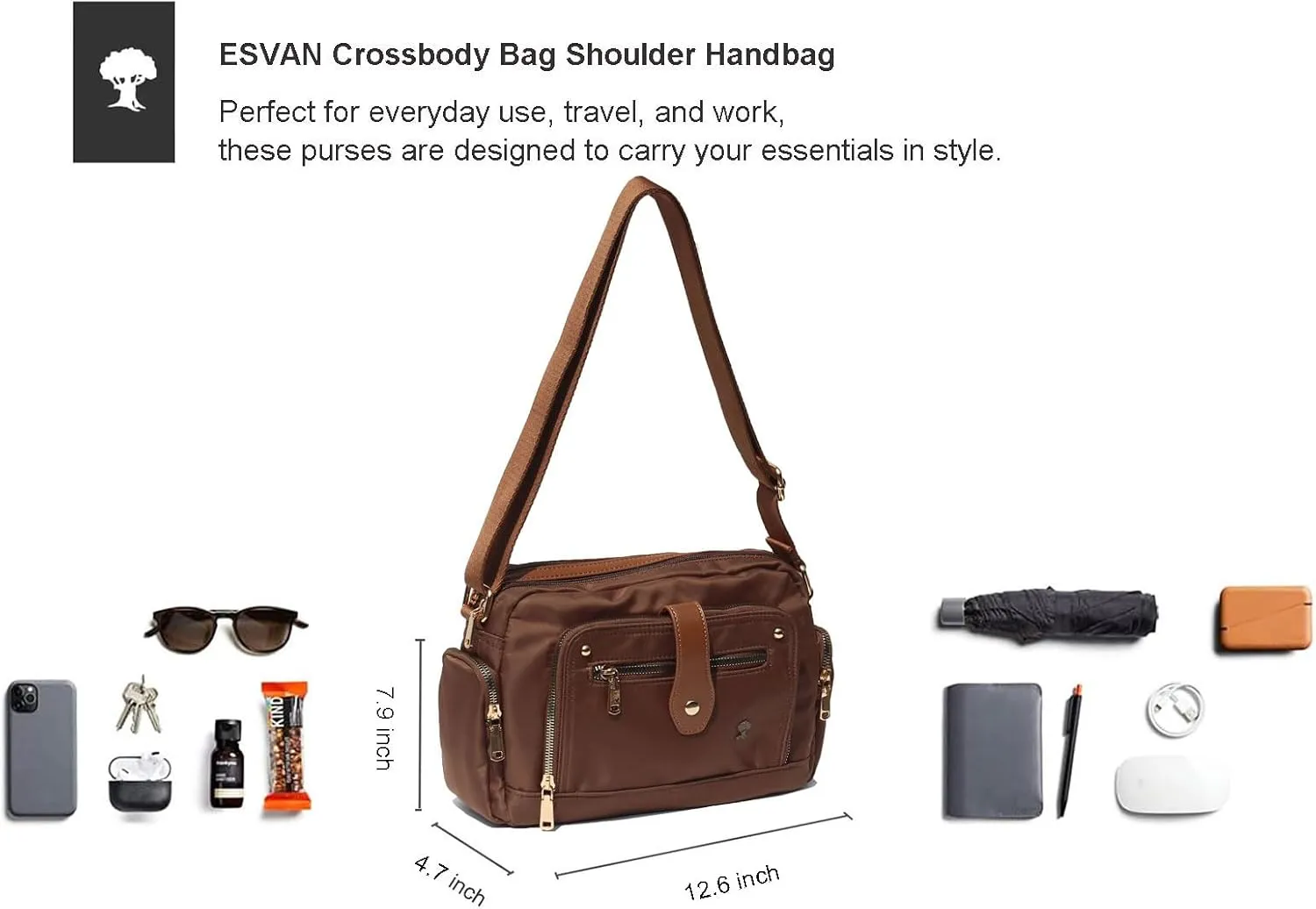 ESVAN Women Fashion Crossbody bags for Women Multi Pockets Cell Phone Camera Shoulder Handbags Travel Purse