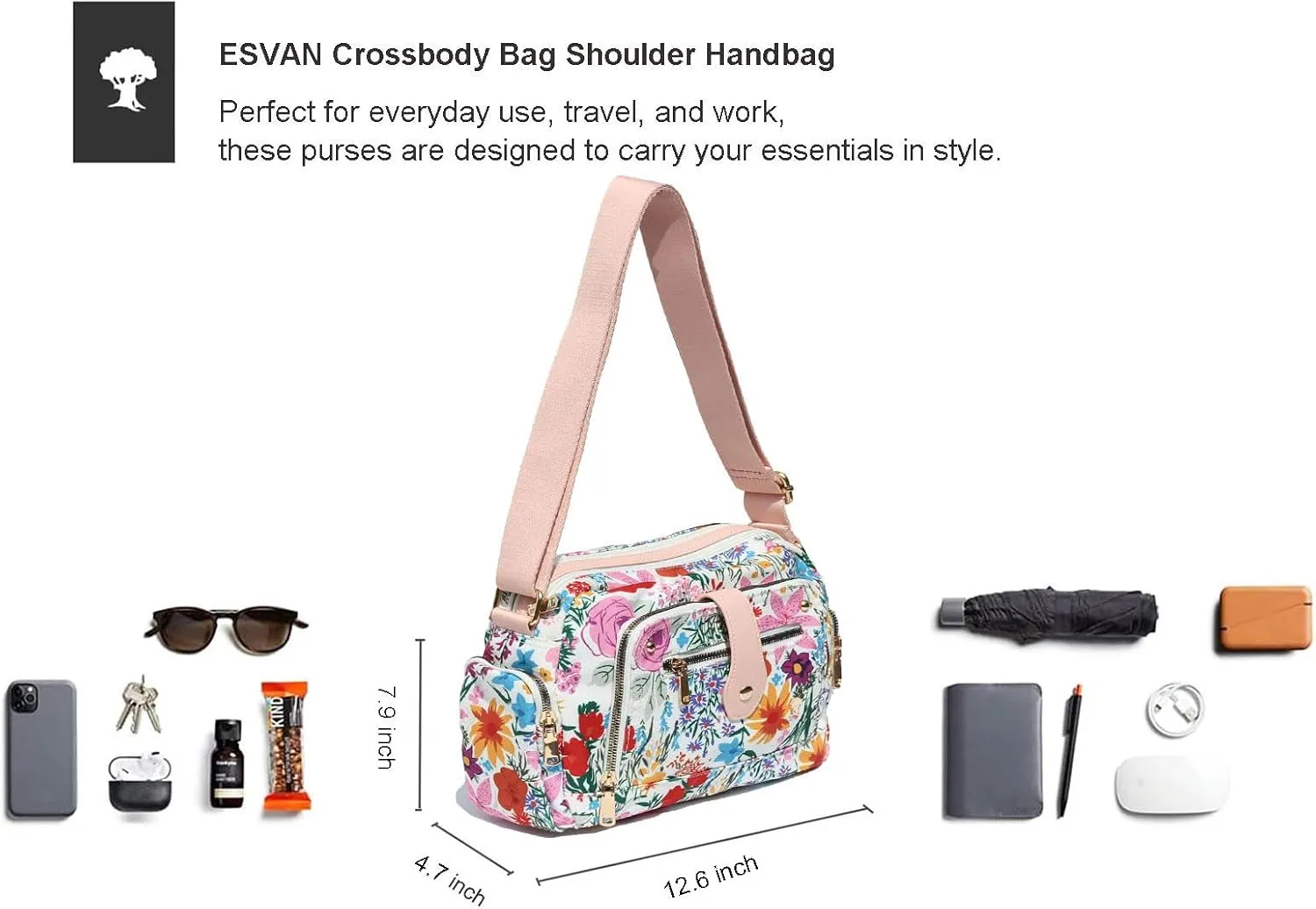 ESVAN Women Fashion Crossbody bags for Women Multi Pockets Cell Phone Camera Shoulder Handbags Travel Purse