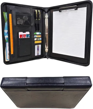 Executive Business Padfolio with Handle, 3 Ring Portfolio Binder with A4 Document Bags, Faxu Leather Case Ring Binder with Clipboard, Zippered Document Organizer Folio with Writing Notepad (Black)