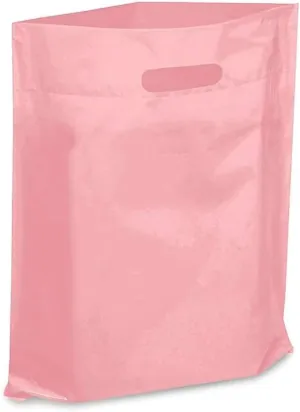 Extra Thick 1.5mil - 50 Glossy Merch Bags, Retail Bags, 12" X 15" with Die Cut Reinforced 3" Fold Over Handle, No Gusset (Pink)