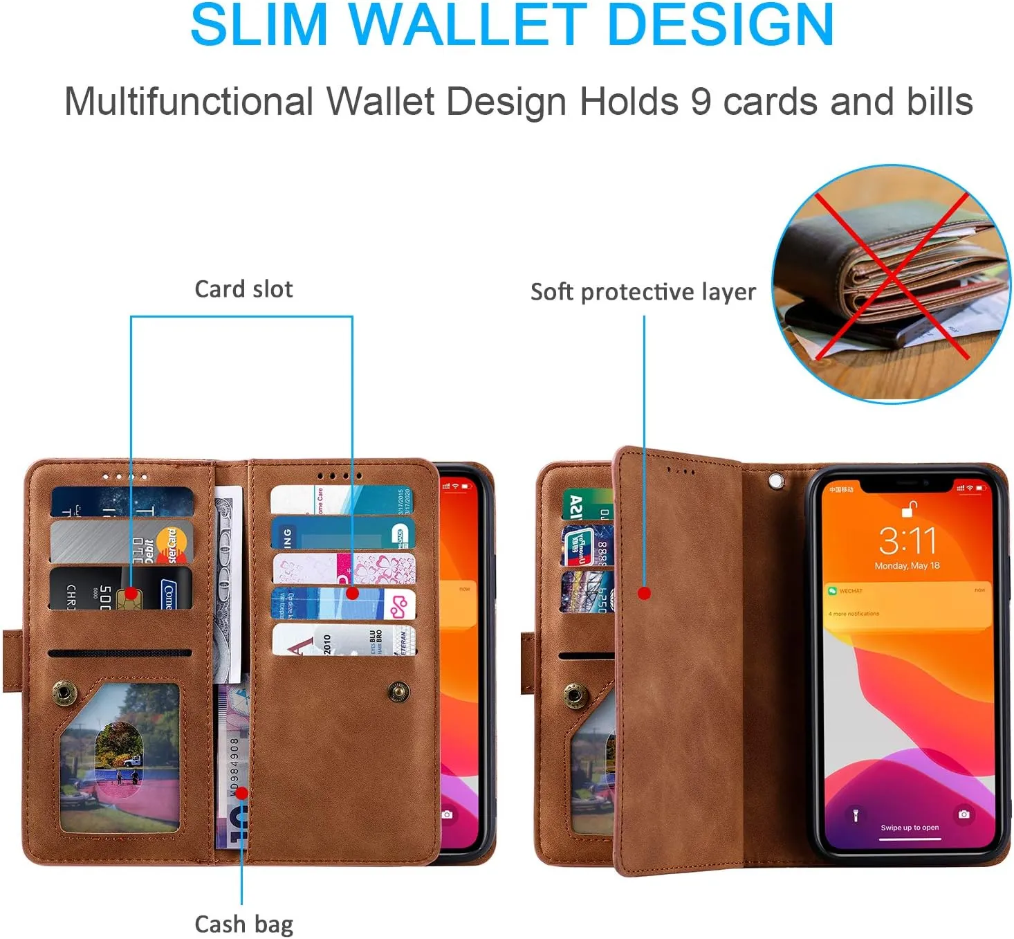 EYZUTAK Wallet Phone Case for Samsung Galaxy S25/S24, Retro Matte 9 Card Holder Slots Zipper Pocket Handbag Case PU Leather Magnetic Closure Kickstand with Wrist Strap Flip Folio Purse Case - Brown