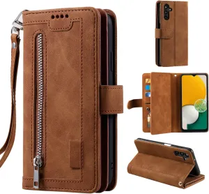 EYZUTAK Wallet Phone Case for Samsung Galaxy S25/S24, Retro Matte 9 Card Holder Slots Zipper Pocket Handbag Case PU Leather Magnetic Closure Kickstand with Wrist Strap Flip Folio Purse Case - Brown