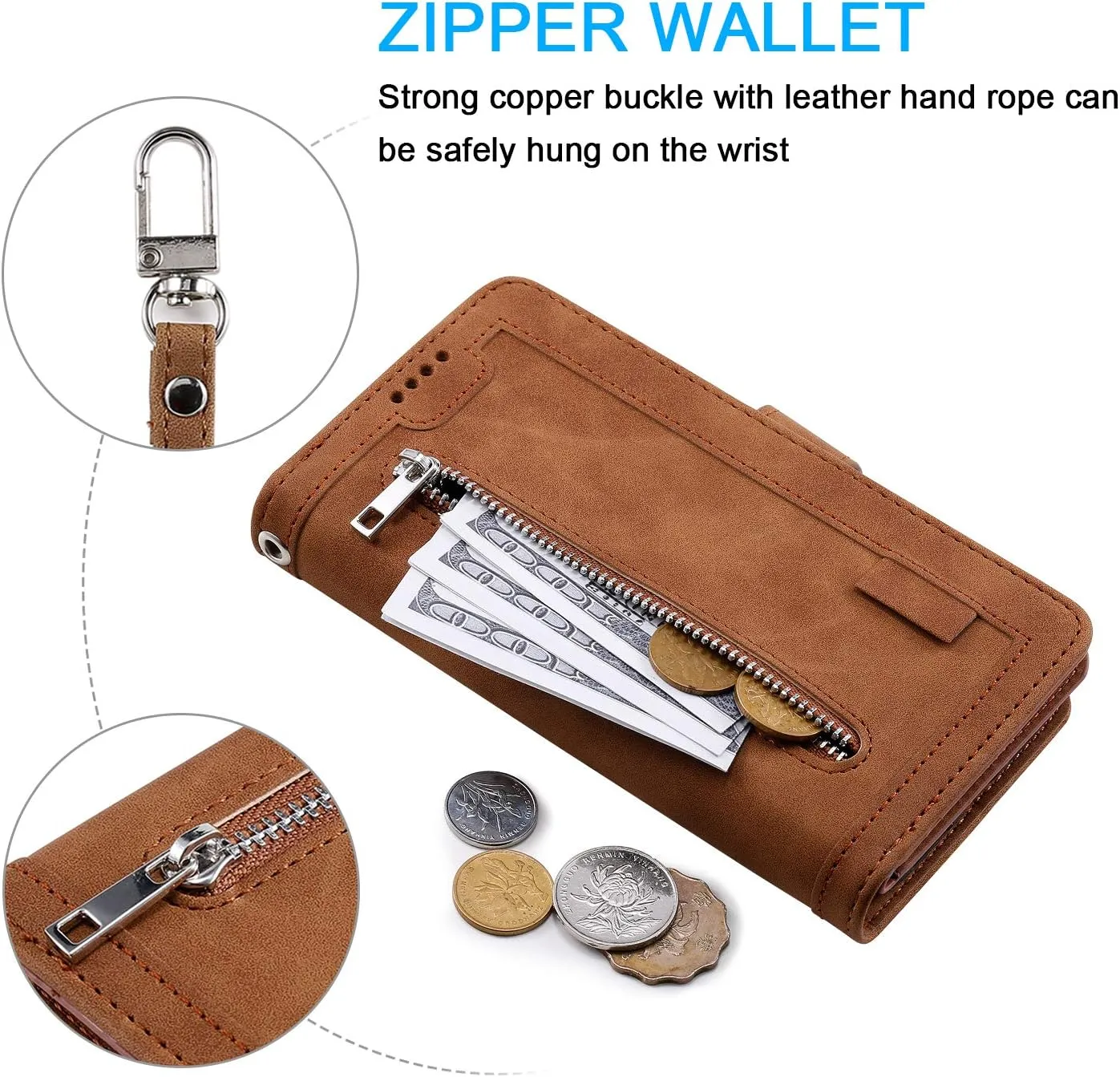 EYZUTAK Wallet Phone Case for Samsung Galaxy S25/S24, Retro Matte 9 Card Holder Slots Zipper Pocket Handbag Case PU Leather Magnetic Closure Kickstand with Wrist Strap Flip Folio Purse Case - Brown