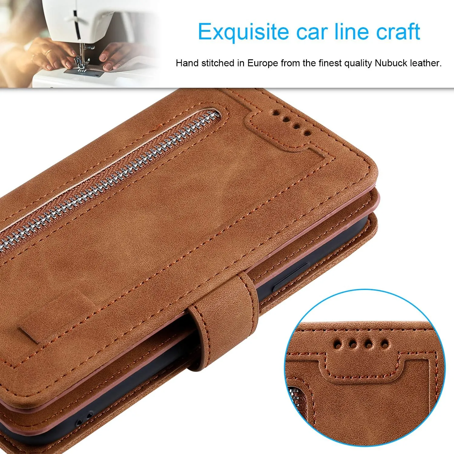 EYZUTAK Wallet Phone Case for Samsung Galaxy S25/S24, Retro Matte 9 Card Holder Slots Zipper Pocket Handbag Case PU Leather Magnetic Closure Kickstand with Wrist Strap Flip Folio Purse Case - Brown