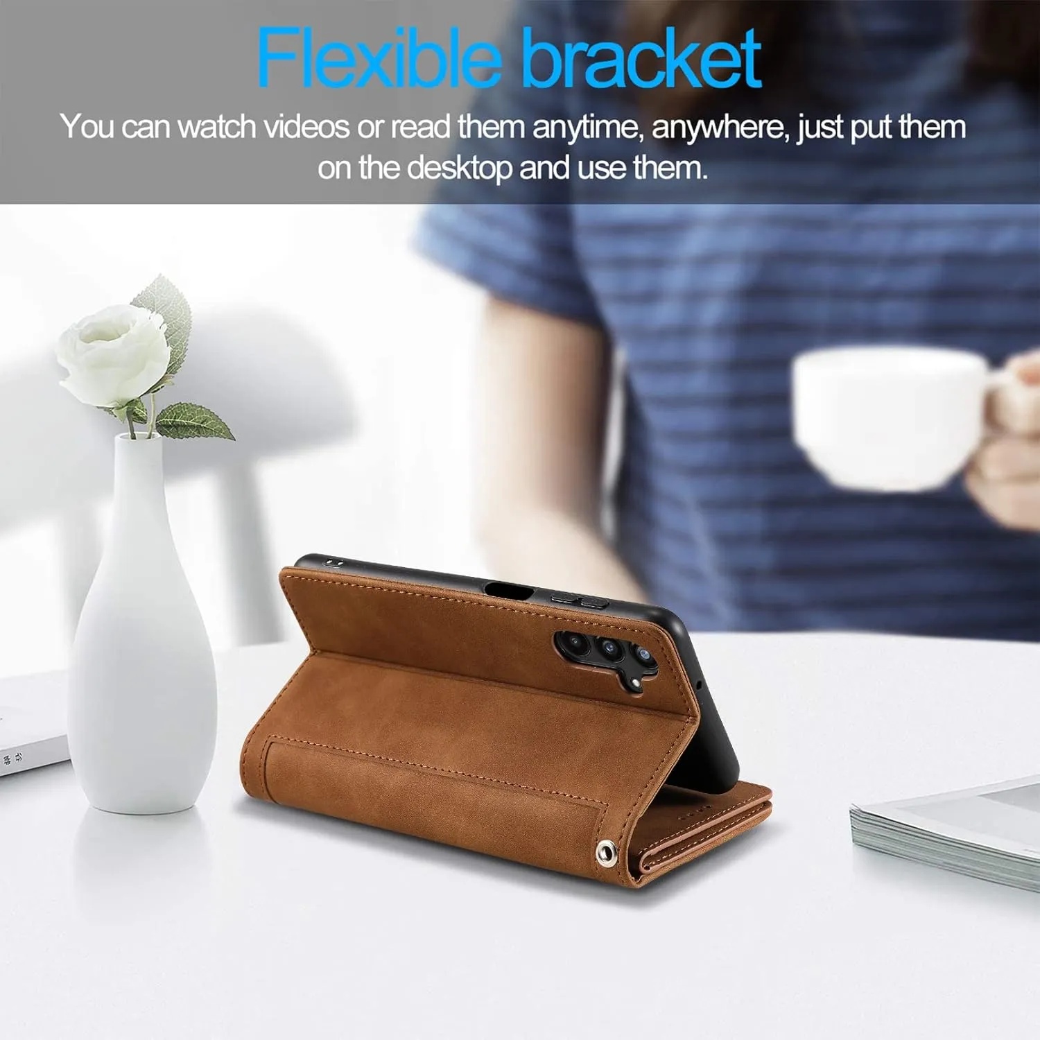 EYZUTAK Wallet Phone Case for Samsung Galaxy S25/S24, Retro Matte 9 Card Holder Slots Zipper Pocket Handbag Case PU Leather Magnetic Closure Kickstand with Wrist Strap Flip Folio Purse Case - Brown