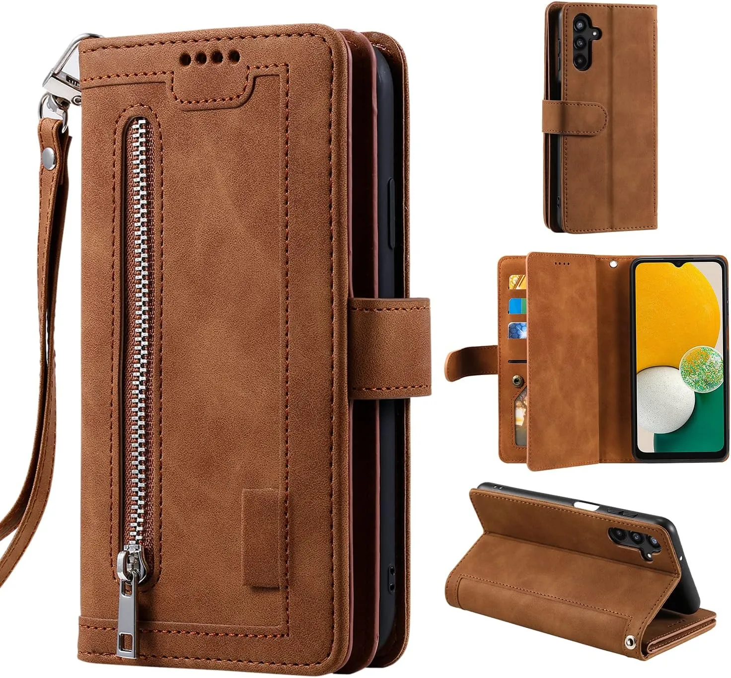 EYZUTAK Wallet Phone Case for Samsung Galaxy S25/S24, Retro Matte 9 Card Holder Slots Zipper Pocket Handbag Case PU Leather Magnetic Closure Kickstand with Wrist Strap Flip Folio Purse Case - Brown