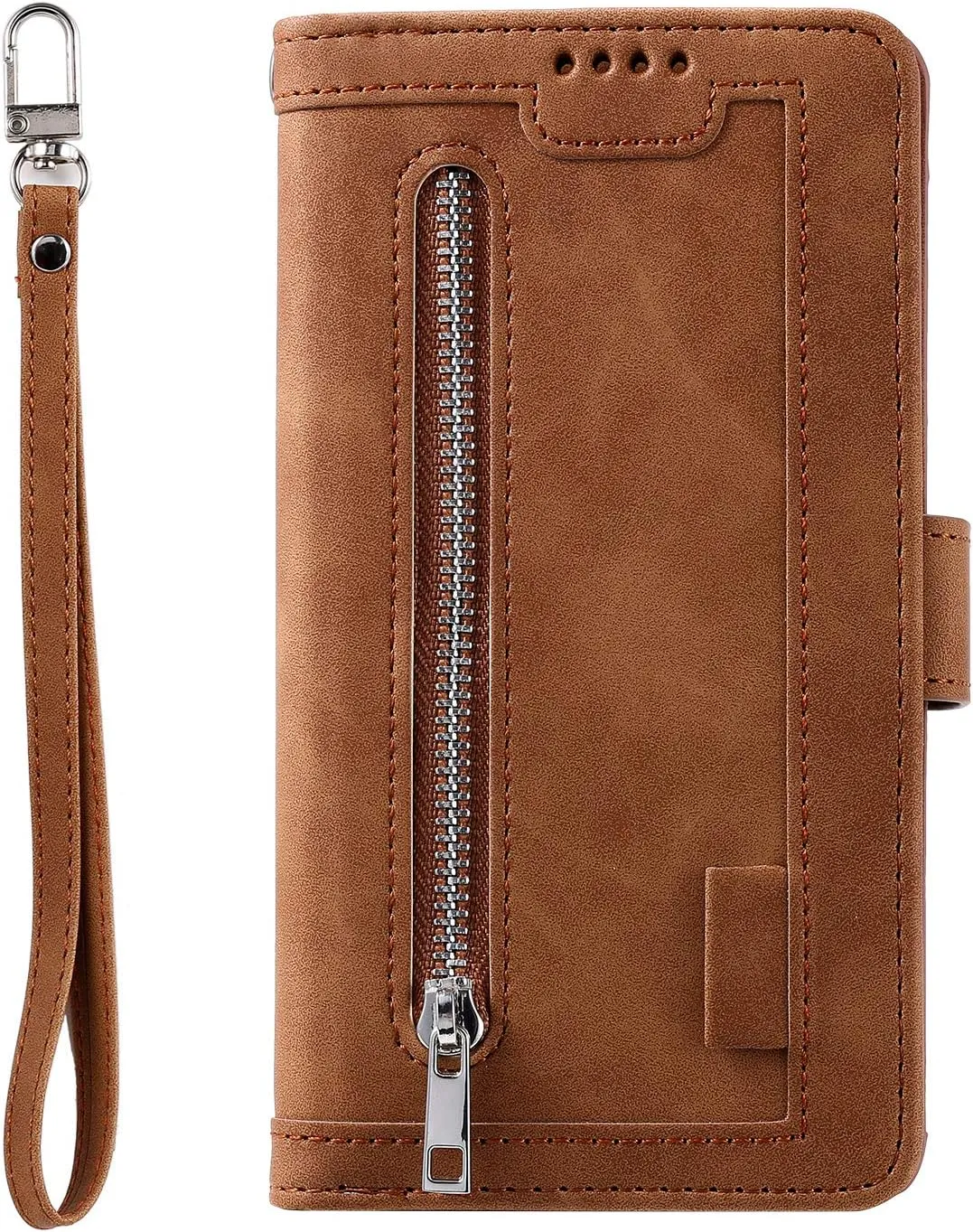 EYZUTAK Wallet Phone Case for Samsung Galaxy S25/S24, Retro Matte 9 Card Holder Slots Zipper Pocket Handbag Case PU Leather Magnetic Closure Kickstand with Wrist Strap Flip Folio Purse Case - Brown