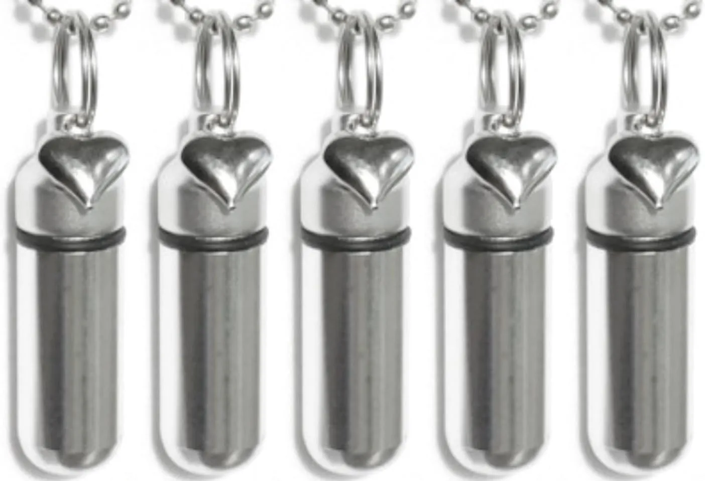 Family Set of Five Polished Silver Heart ANOINTING Oil Holders - Includes 5 Velvet Pouches, 5 Ball-Chains & Funnel - Makes a Wonderful Gift! - Made in The USA