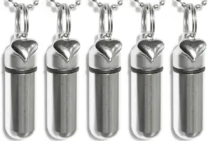 Family Set of Five Polished Silver Heart ANOINTING Oil Holders - Includes 5 Velvet Pouches, 5 Ball-Chains & Funnel - Makes a Wonderful Gift! - Made in The USA
