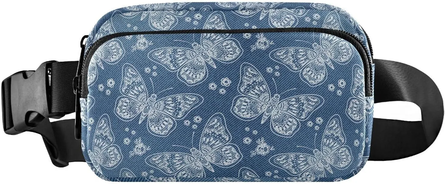 Fanny Pack Crossbody Bag for Men Women Belt Bag Bum Bag with Adjustable Strap, Fashion Waist Packs for Travel Running Workout Denim Butterflies