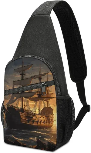 Fantasy Pirate Ship Sling Bag Lightweight Crossbody Shoulder Backpacks Hiking Travel Daypack Chest Bag for Women Men