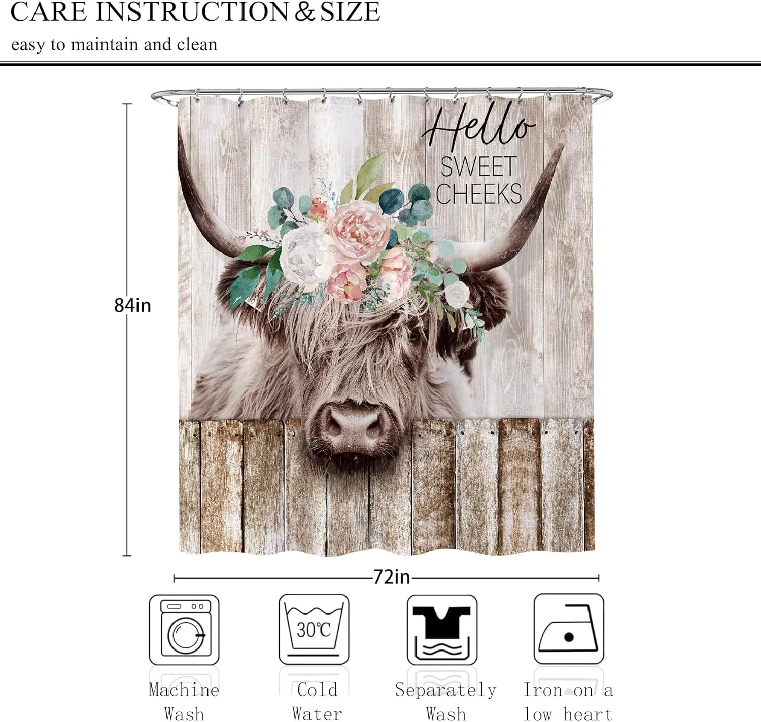 Farmhouse Highland Cow Floral Extra Long Shower Curtain Set 72X84 Inch Rustic Wooden Barn Western Bull Bath Curtain Funny Farm Animal Cattle Country Western Bathroom Accessories Home Decor