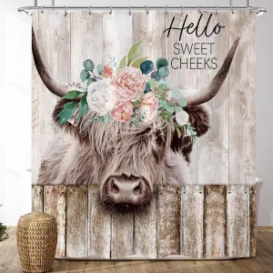 Farmhouse Highland Cow Floral Extra Long Shower Curtain Set 72X84 Inch Rustic Wooden Barn Western Bull Bath Curtain Funny Farm Animal Cattle Country Western Bathroom Accessories Home Decor