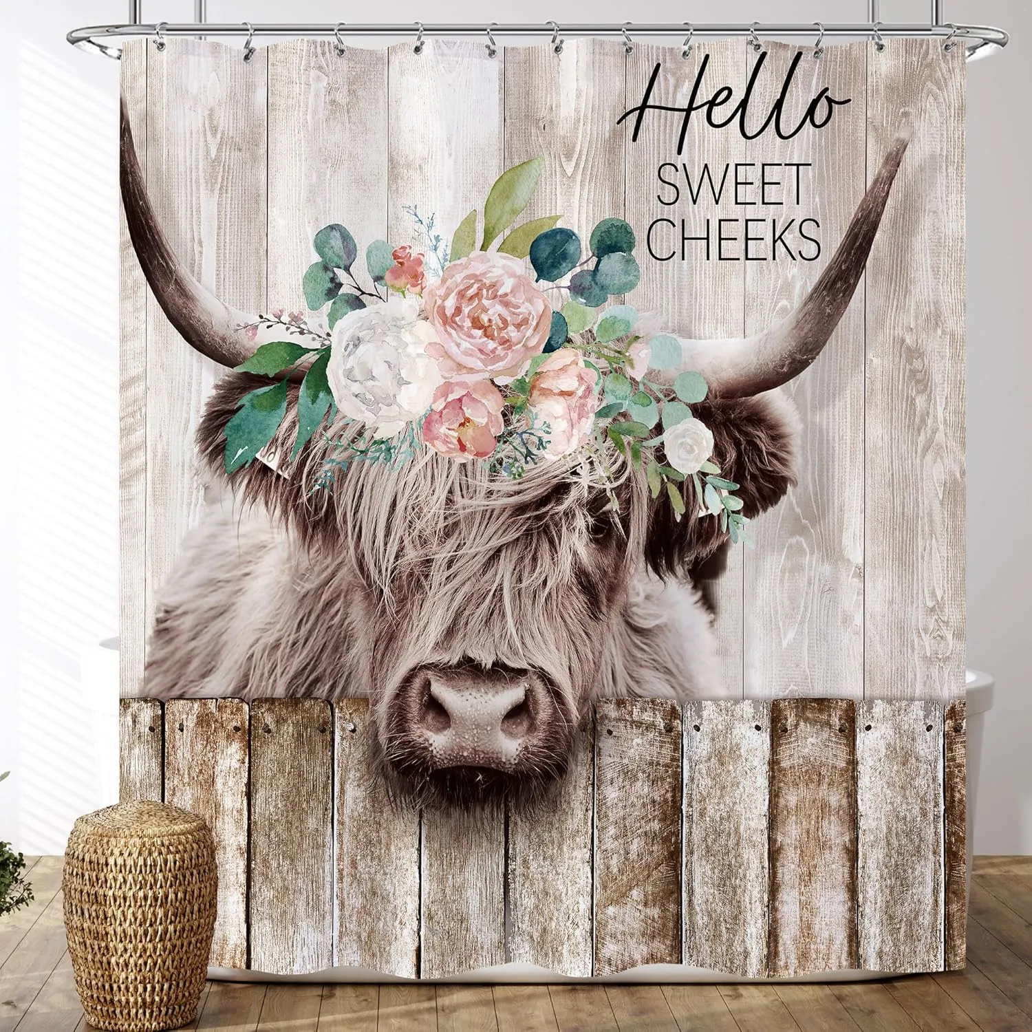Farmhouse Highland Cow Floral Extra Long Shower Curtain Set 72X84 Inch Rustic Wooden Barn Western Bull Bath Curtain Funny Farm Animal Cattle Country Western Bathroom Accessories Home Decor
