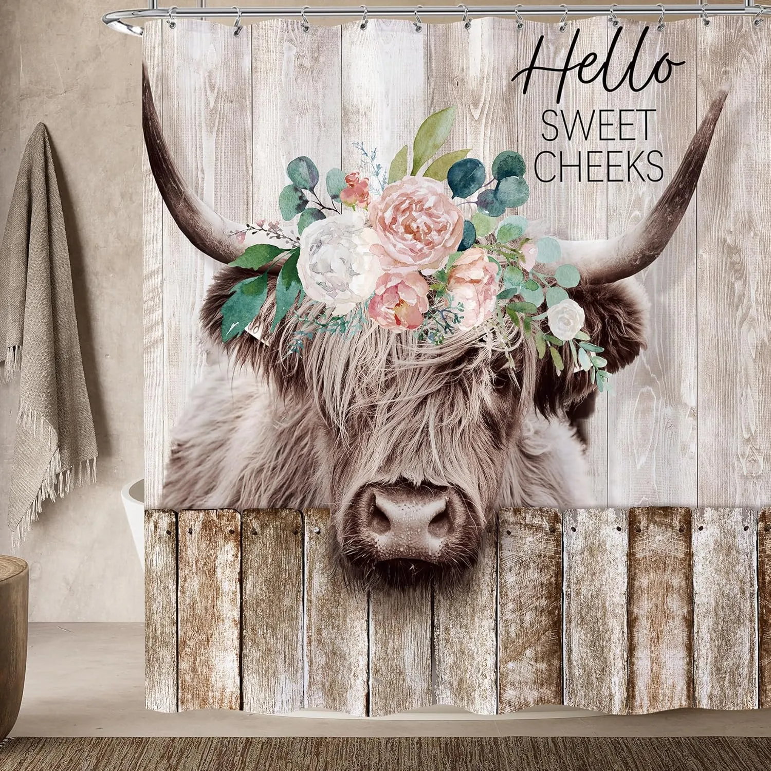 Farmhouse Highland Cow Floral Extra Long Shower Curtain Set 72X84 Inch Rustic Wooden Barn Western Bull Bath Curtain Funny Farm Animal Cattle Country Western Bathroom Accessories Home Decor
