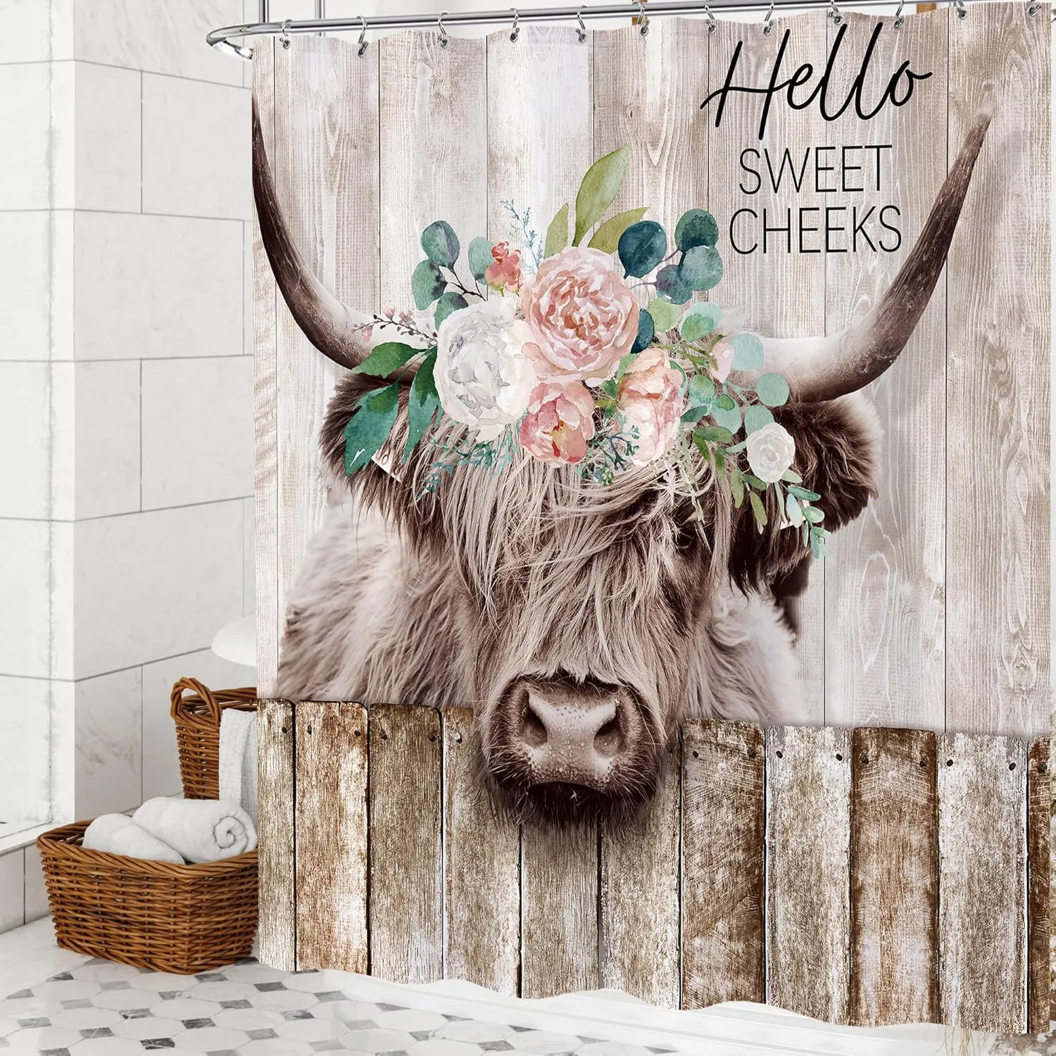 Farmhouse Highland Cow Floral Extra Long Shower Curtain Set 72X84 Inch Rustic Wooden Barn Western Bull Bath Curtain Funny Farm Animal Cattle Country Western Bathroom Accessories Home Decor