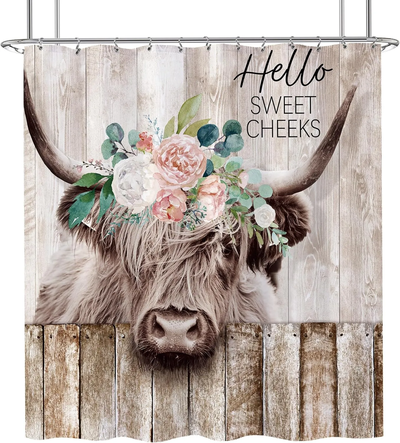 Farmhouse Highland Cow Floral Extra Long Shower Curtain Set 72X84 Inch Rustic Wooden Barn Western Bull Bath Curtain Funny Farm Animal Cattle Country Western Bathroom Accessories Home Decor