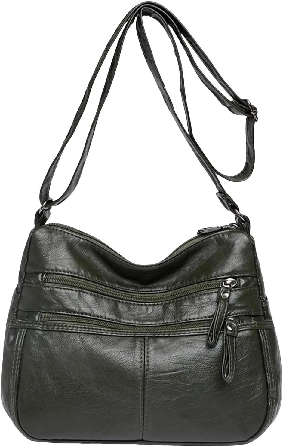 Fashion Casual Women's Retro Soft Leather Zipper Double Pocket Shoulder Messenger Bag Rustic Shoulder (Green, One Size)