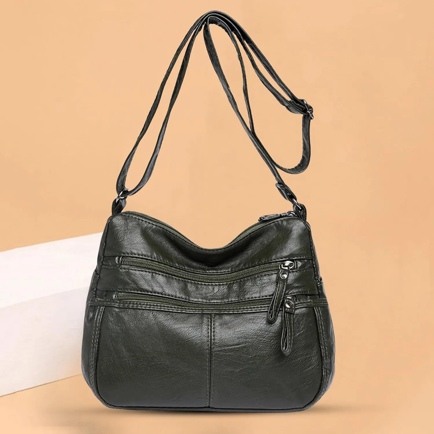 Fashion Casual Women's Retro Soft Leather Zipper Double Pocket Shoulder Messenger Bag Rustic Shoulder (Green, One Size)