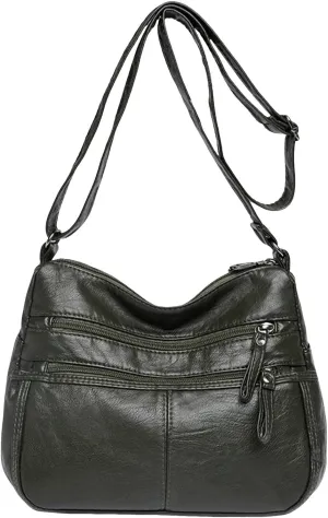 Fashion Casual Women's Retro Soft Leather Zipper Double Pocket Shoulder Messenger Bag Rustic Shoulder (Green, One Size)