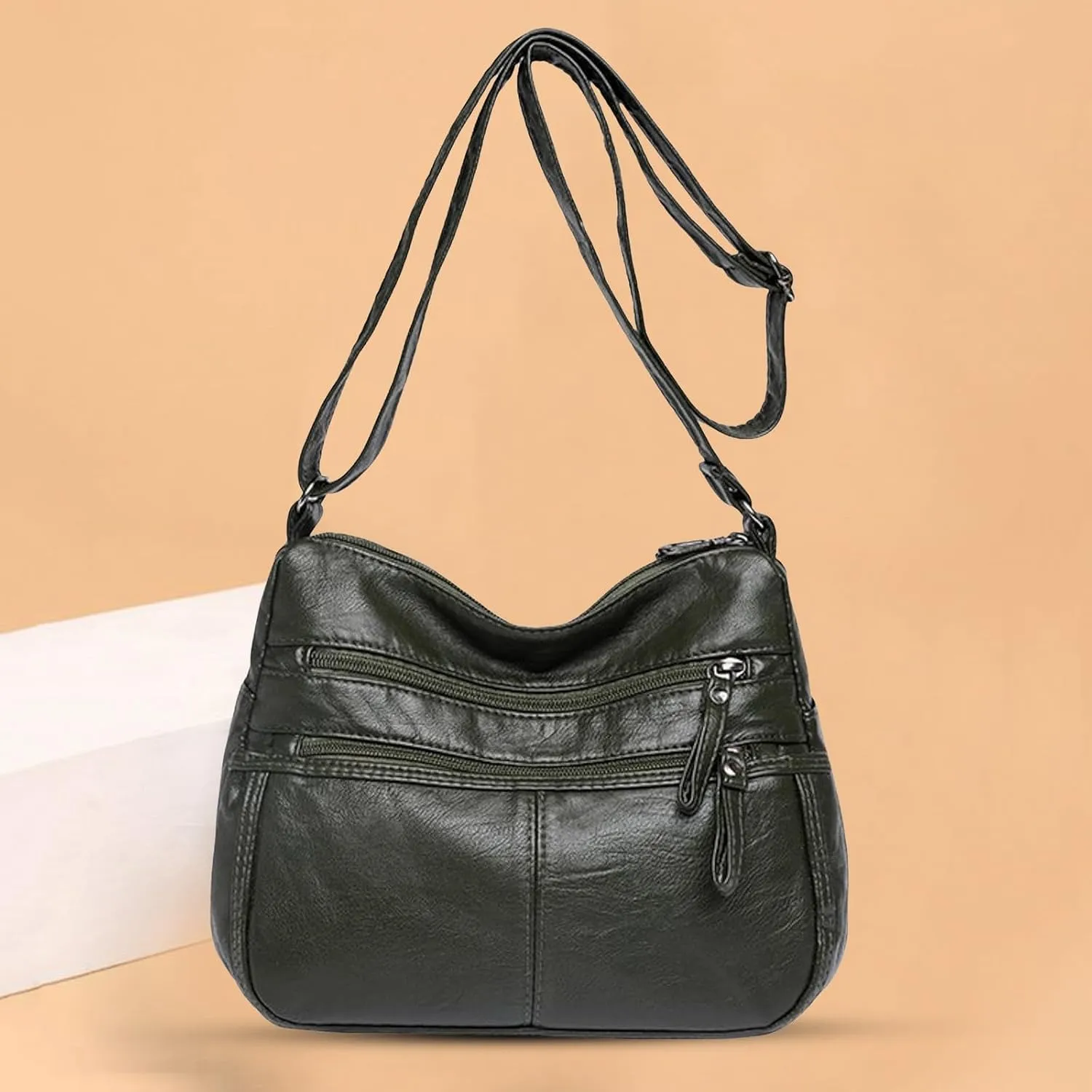 Fashion Casual Women's Retro Soft Leather Zipper Double Pocket Shoulder Messenger Bag Rustic Shoulder (Green, One Size)