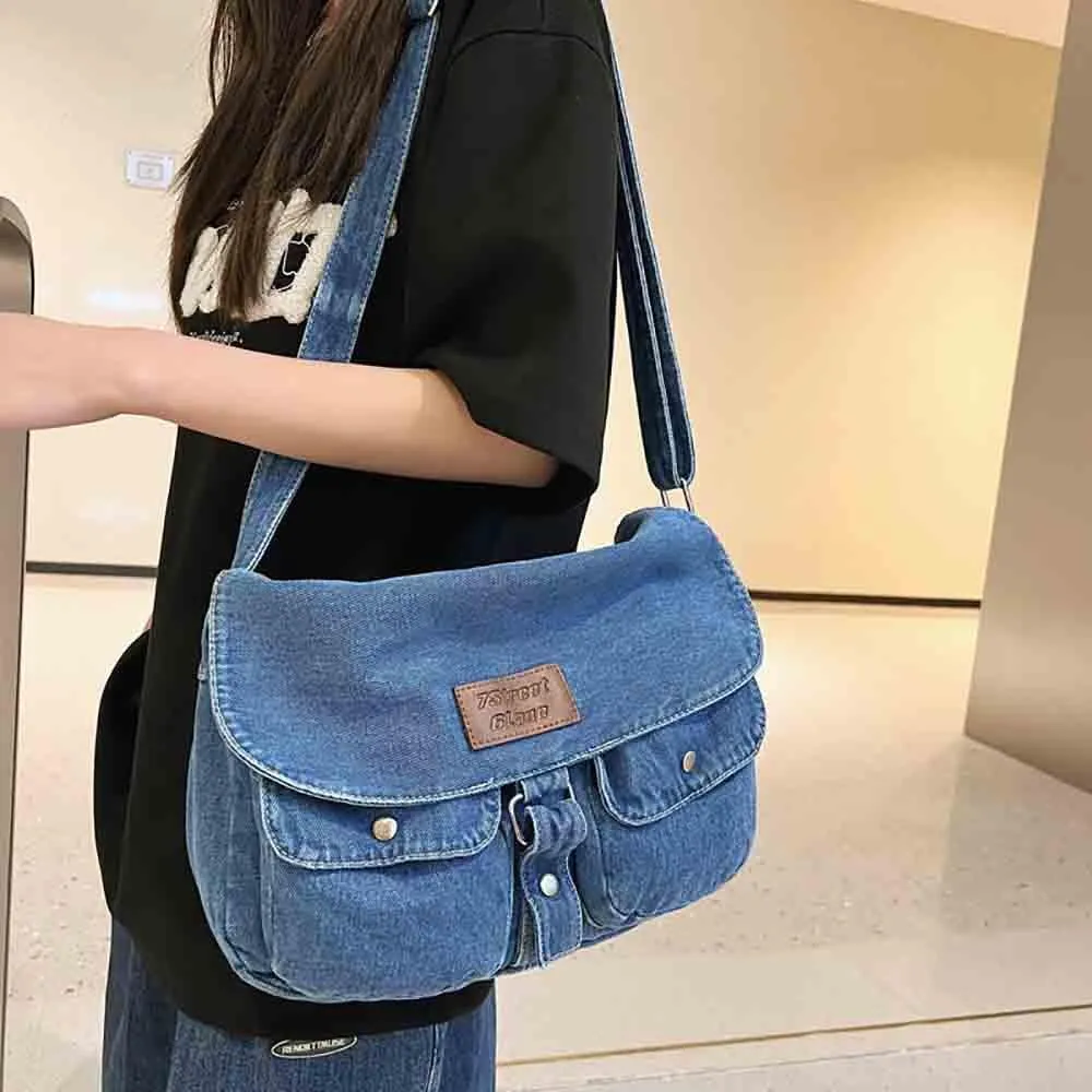Fashion denim handbag shoulder bag large capacity retro Messenger bag bag for men and women (Denim Light Blue)