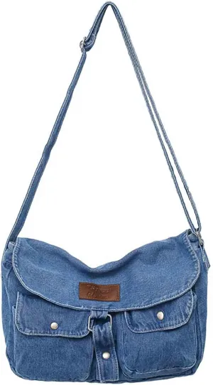 Fashion denim handbag shoulder bag large capacity retro Messenger bag bag for men and women (Denim Light Blue)