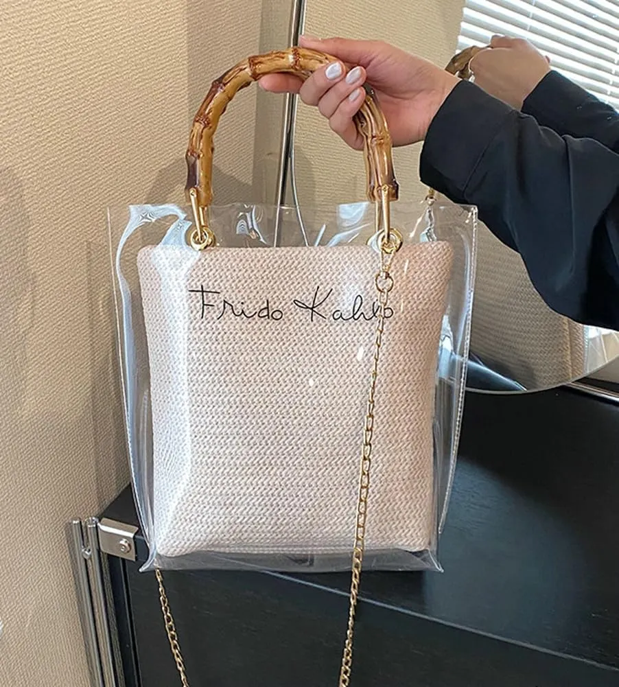 Fashion Jelly Handbags for Women Shoulder Crossbody Bag Tote Bag with Bamboo Handle Transparent Summer Beach Purse