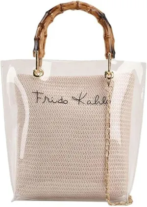 Fashion Jelly Handbags for Women Shoulder Crossbody Bag Tote Bag with Bamboo Handle Transparent Summer Beach Purse
