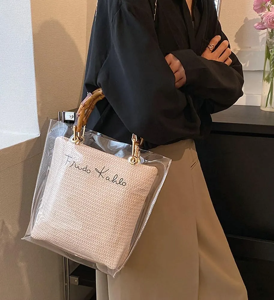 Fashion Jelly Handbags for Women Shoulder Crossbody Bag Tote Bag with Bamboo Handle Transparent Summer Beach Purse
