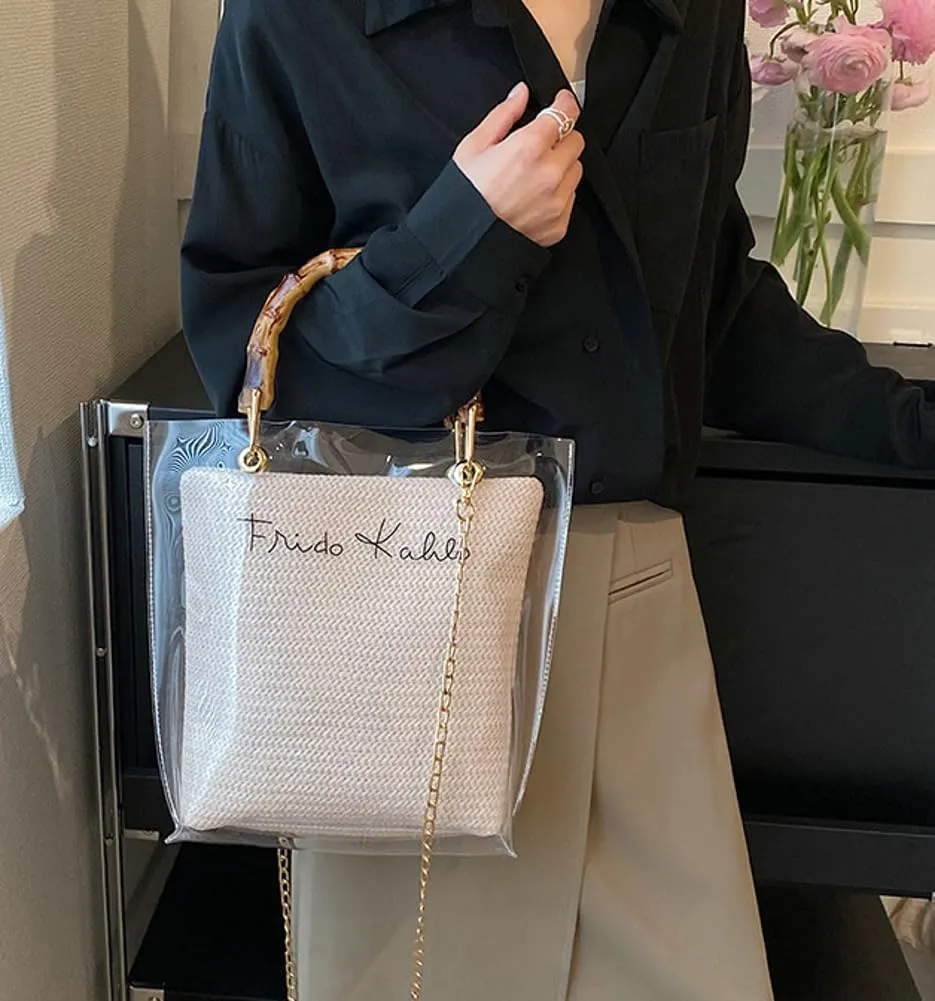 Fashion Jelly Handbags for Women Shoulder Crossbody Bag Tote Bag with Bamboo Handle Transparent Summer Beach Purse