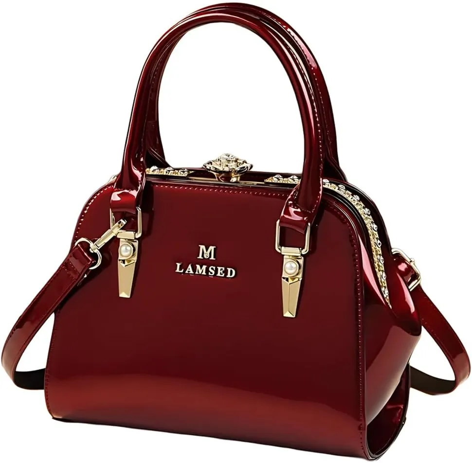 Fashion Leather Women's Clip Bag Top Handle Satchel Crossbody Handbags Diamonds Flower Buckle Evening Bag Purses Small
