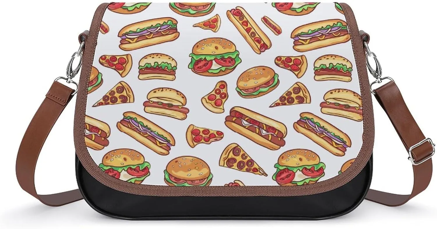Fast Food Burger Hot Dog Pizza Messenger Bag for Women PU Leather Crossbody Bags Shoulder Handbags Purse